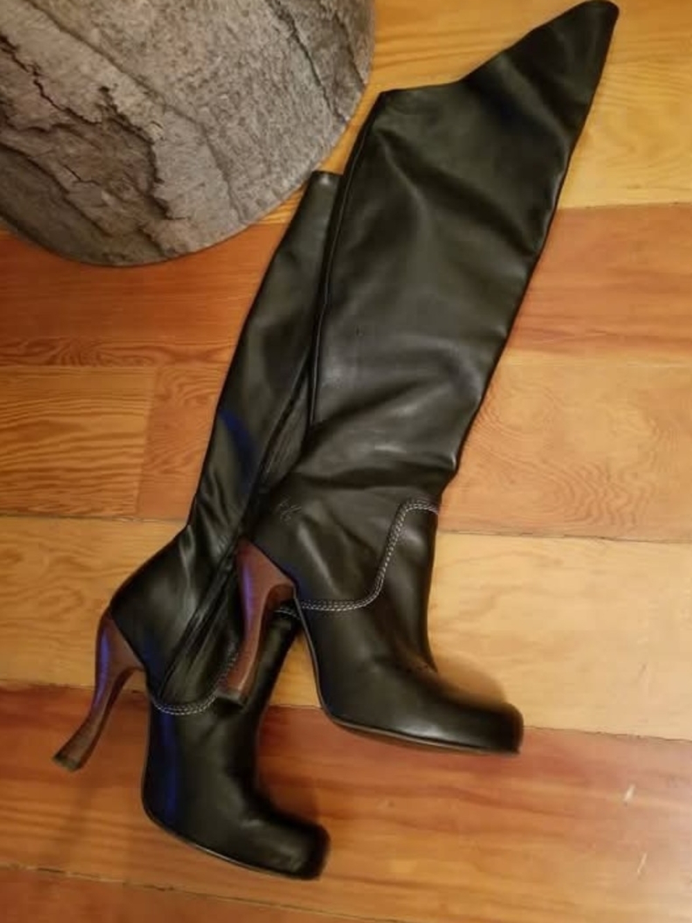 Fluevog Attentions GAGA Leather Over-the-Knee Curved Heel Boots - Size 7.5-8
